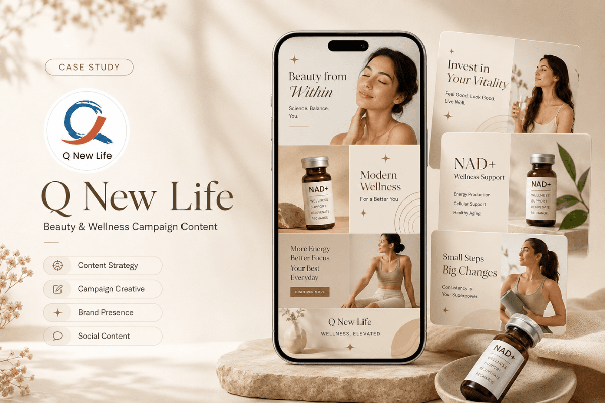 Case study visual for Q New Life showing wellness brand strategy, RedNote content and digital campaign support.