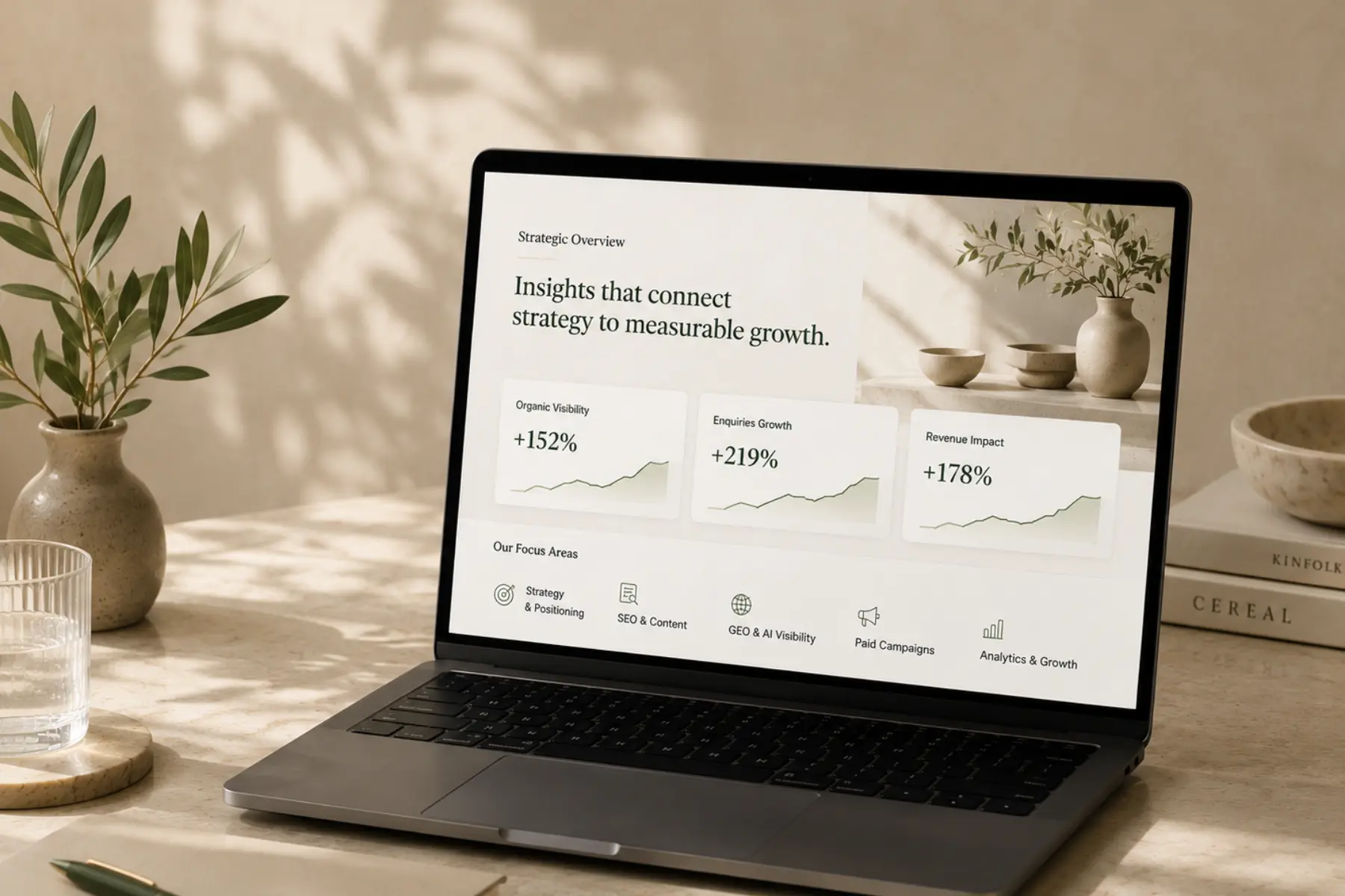 Premium abstract marketing strategy visual for VL Marketing showing websites, search, content, campaigns and growth systems.